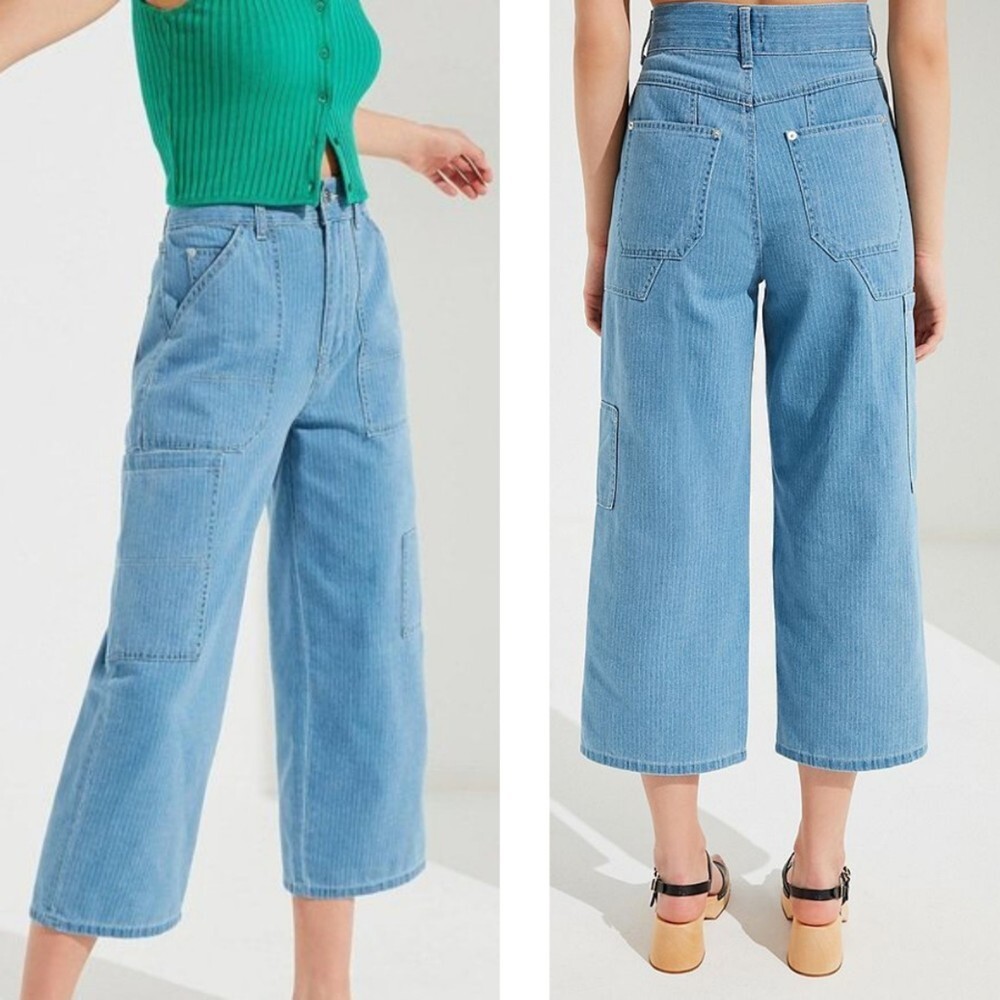 BDG Victoria Women Size 26 Striped Wide Leg Cropped Cargo Denim Carpenter Jeans